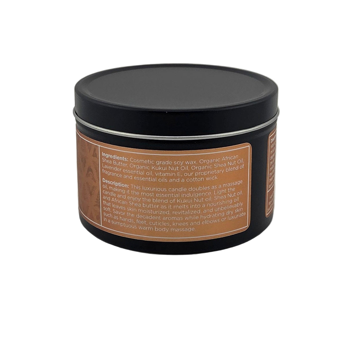 Black container with a brown label on a gray background