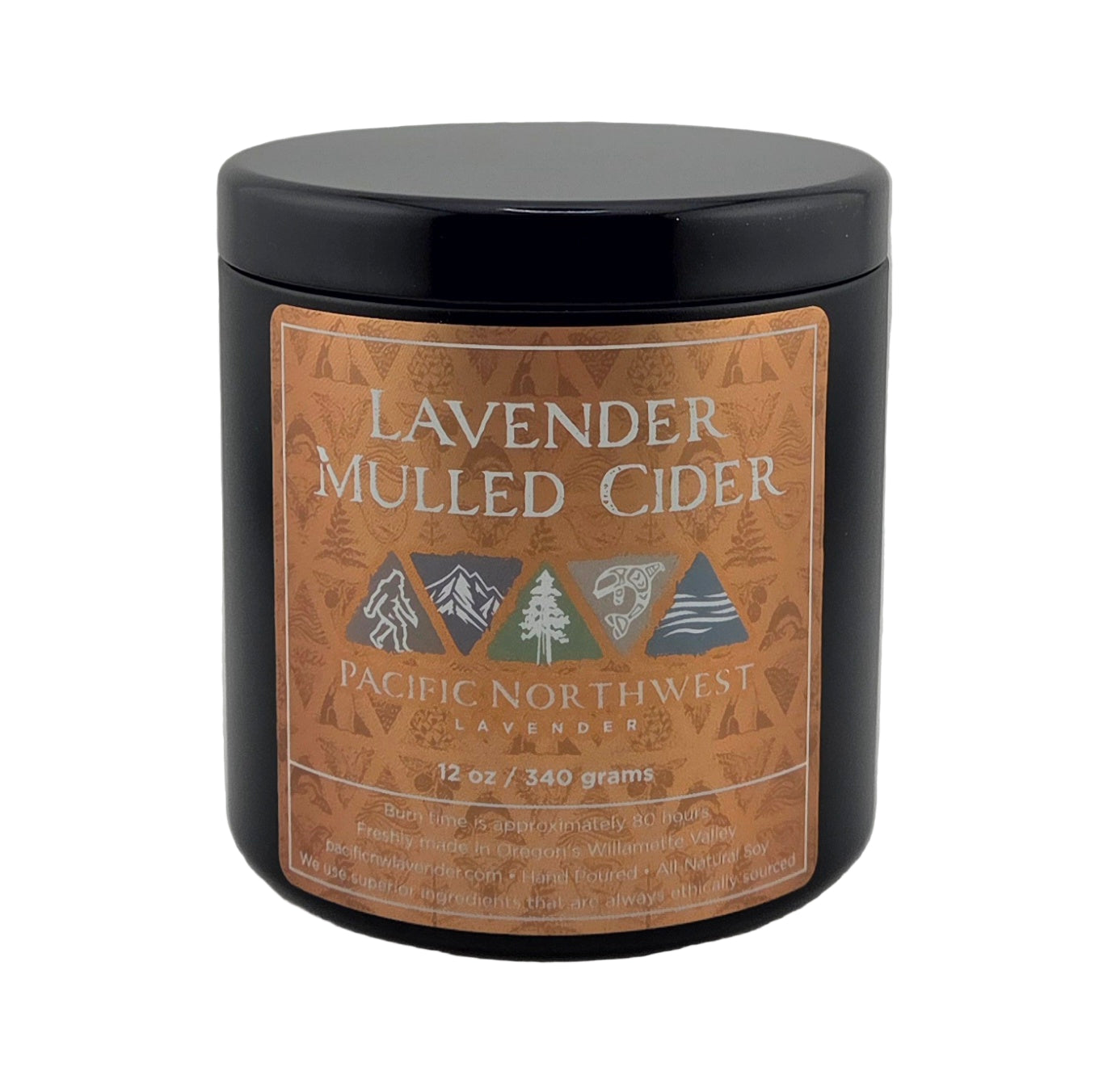 Jar of lavender mulled cider with a label on a gray background