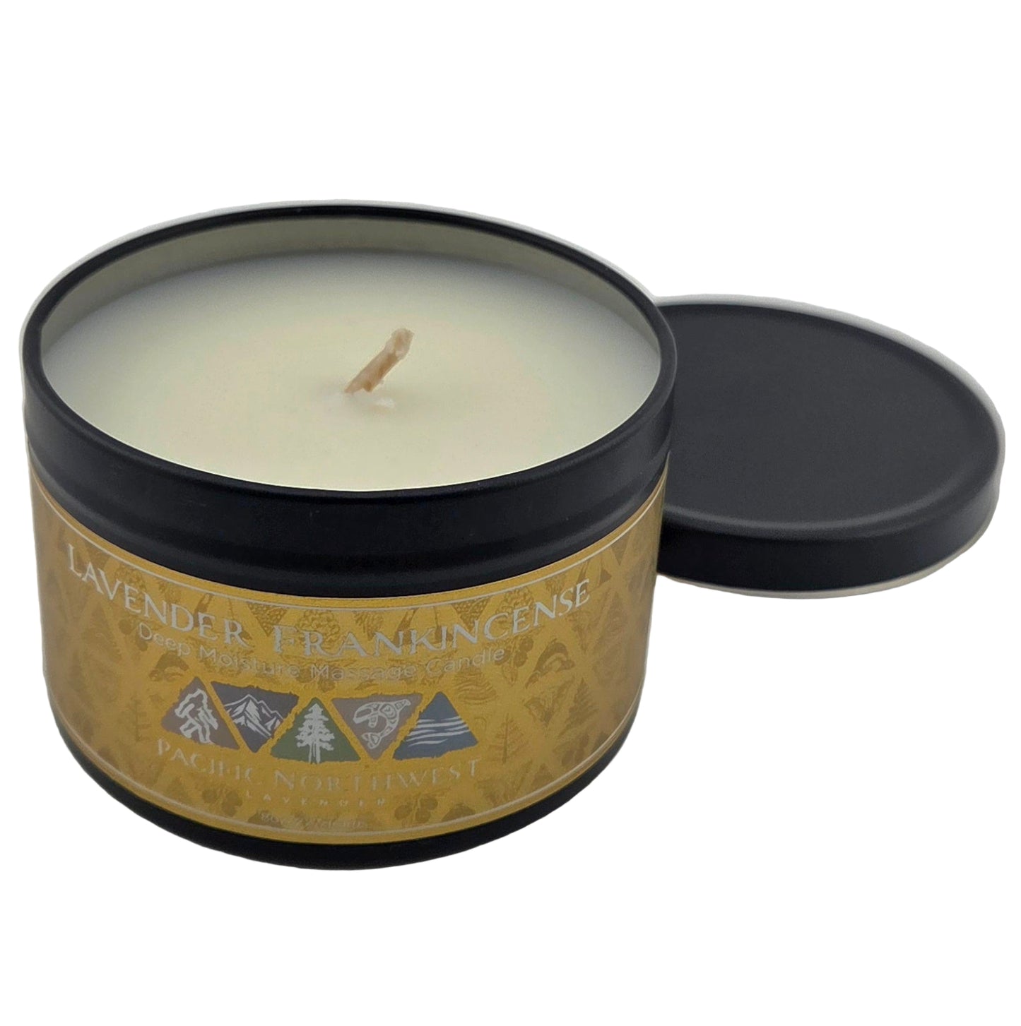 Candle in a tin with a label on a white background