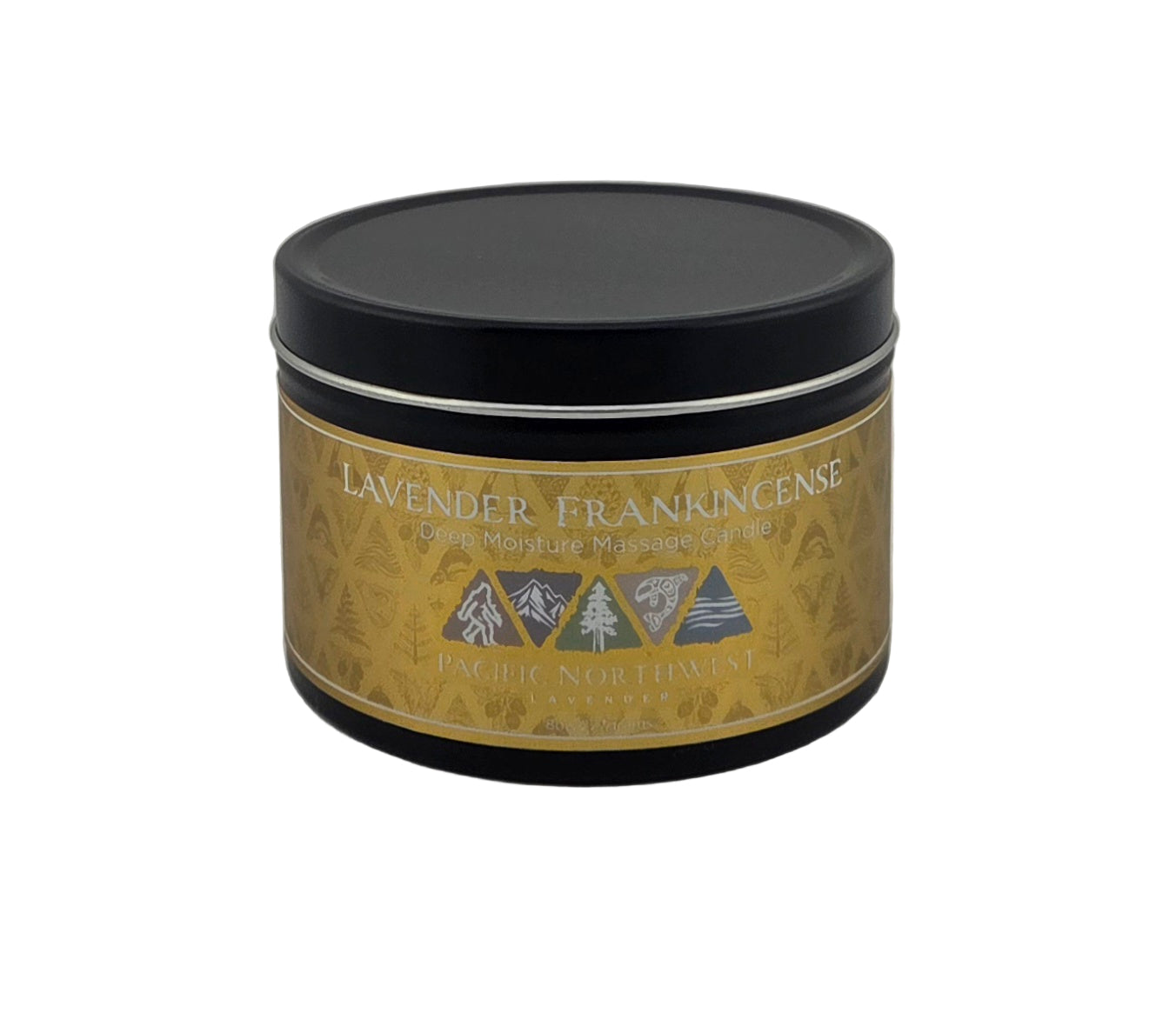 Candle jar with a gold label and black lid on a gray background