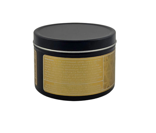Black cylindrical container with gold label on a gray background