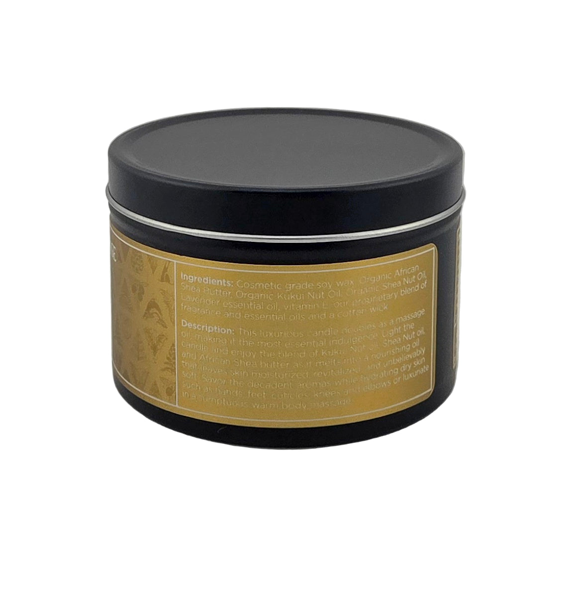 Black container with gold label on a gray background