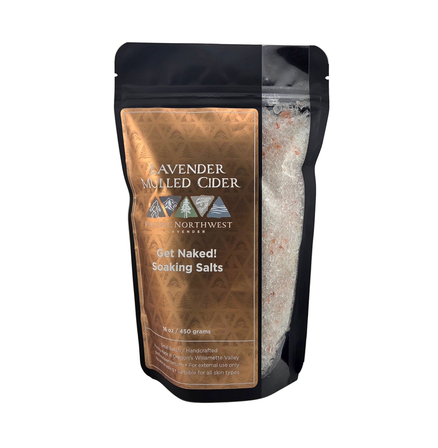 Packaged product labeled 'Lavender Mulled Cider' with a gold label on a gray background