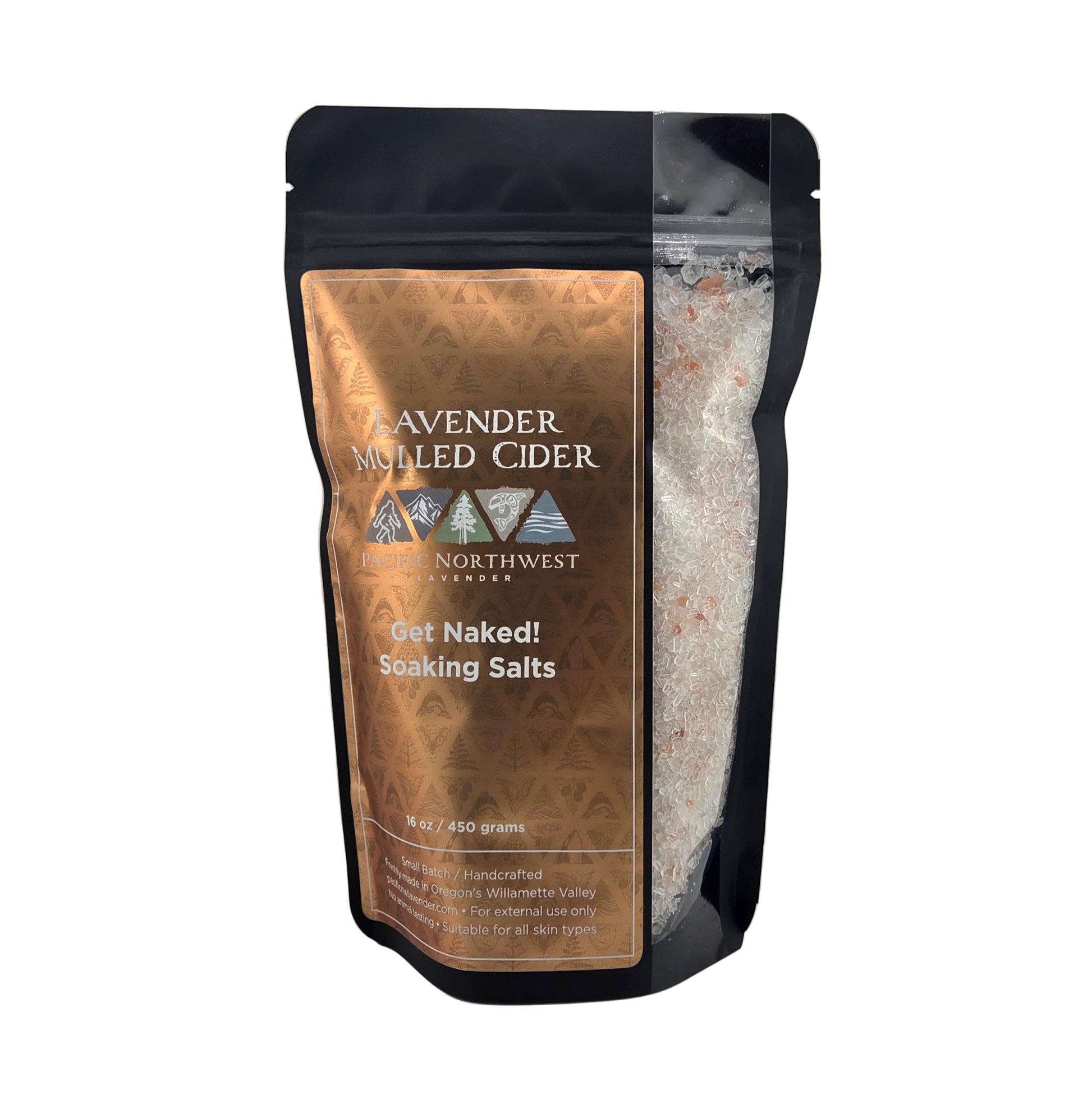 Packaged product labeled 'Lavender Mulled Cider' with a gold label on a gray background