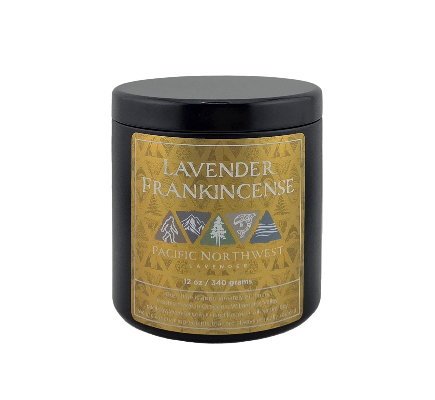 Black candle jar with a gold label featuring 'Lavender Frankincense' on a gray background