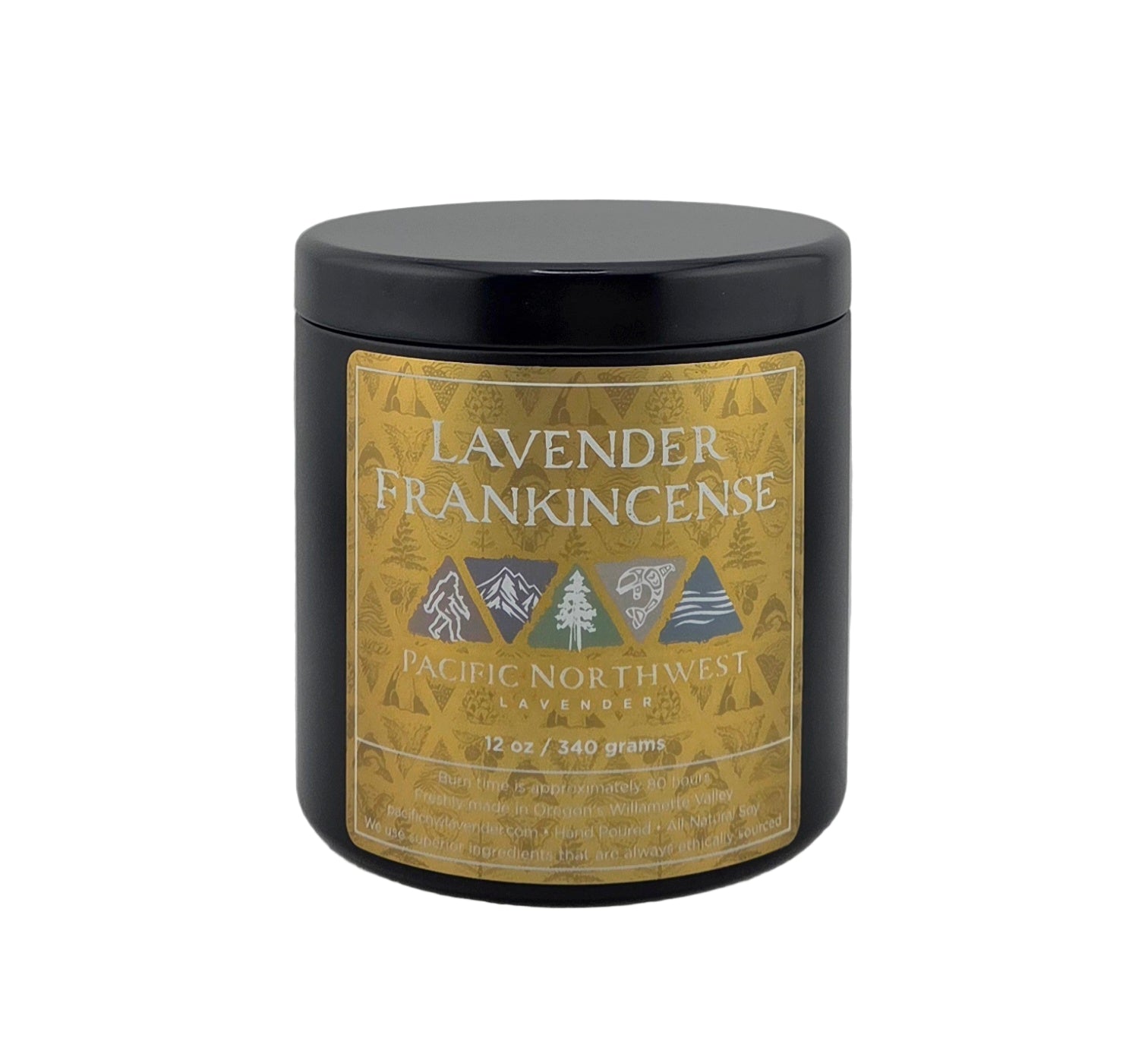 Black candle jar with a gold label featuring 'Lavender Frankincense' on a gray background